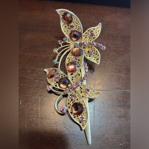 Gold Tone Rhinestone brown purple color metal Hair Clip Barrette Butterflies